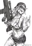  american_flag_bikini baseball_cap bikini blue_eyes breasts denim denim_shorts flag_print grand_theft_auto_vi greyscale gun hat highres holding holding_weapon jewelry metal_fi monochrome mud necklace redneck_girl_(gta_vi) rifle robusta_mania short_hair shorts simple_background sniper_rifle sunglasses swimsuit twitter_username weapon white_background 