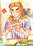 1boy :t blonde_hair blush burger closed_eyes closed_mouth cup desk drinking_straw eating food forked_eyebrows french_fries hair_ornament holding holding_food kimetsu_no_yaiba kina_izu long_hair male_focus multicolored_hair red_hair rengoku_kyoujurou shirt solo two-tone_hair white_shirt 