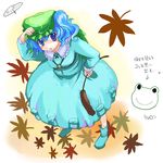  artist_request autumn_leaves backpack bag blue_dress blue_eyes blue_hair boots collar dress falling_leaves flat_cap from_above full_body hat holding kawashiro_nitori key leaf long_sleeves looking_at_viewer looking_up rubber_boots solo standing touhou two_side_up 