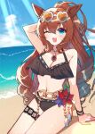  1girl absurdres animal_ears arm_behind_head arm_support beach bikini black_bikini black_bracelet blue_eyes blue_sky bracelet breasts brown_hair chain collarbone eyewear_on_head flower heart heart-shaped_eyewear highres horse_ears jewelry large_breasts long_hair looking_at_viewer maruzensky_(blasting_off_summer_night)_(umamusume) maruzensky_(umamusume) navel one_eye_closed open_mouth orange-tinted_eyewear shore sky solo swimsuit tassel thigh_strap tinted_eyewear umamusume very_long_hair white-framed_eyewear yomoi 