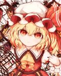  1girl ascot blonde_hair broken cage crystal_wings flandre_scarlet hat hat_ribbon highres looking_at_viewer mob_cap red_eyes red_ribbon red_vest ribbon ro.ro shirt short_sleeves solo touhou vest white_headwear white_shirt wrist_cuffs yellow_ascot 