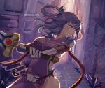  1girl absurdres ao_no_kiseki bow-shaped_hair china_dress chinese_clothes ciarre dress eiyuu_densetsu fingerless_gloves floating_hair gauntlets gloves hair_between_eyes highres holding holding_sword holding_weapon huge_weapon purple_eyes purple_hair rixia_mao solo sword twitter_username weapon zero_no_kiseki 