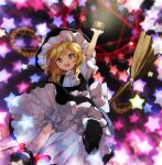  1girl arm_up black_dress black_footwear blonde_hair bloomers broom broom_riding commentary_request dress kaigen_1025 kirisame_marisa long_hair magic_circle mary_janes open_mouth puffy_short_sleeves puffy_sleeves shirt shoes short_sleeves smile socks star_(symbol) touhou white_bloomers white_shirt white_socks yellow_eyes 