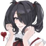  1girl ame-chan_(needy_girl_overdose) black_eyes black_hair black_ribbon closed_mouth collared_shirt hair_ornament hair_over_one_eye hair_tie hands_in_hair hands_up heart highres holding holding_hair long_hair looking_at_viewer neck_ribbon needy_girl_overdose red_shirt ribbon sanmanako shirt simple_background smile solo twintails upper_body white_background x_hair_ornament 