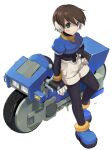  1girl absurdres aile_(mega_man_zx) black_bodysuit blush_stickers bodysuit brown_hair crop_top green_eyes highres mega_man_(series) mega_man_zx motor_vehicle motorcycle robot_ears short_hair shorts simple_background solo touhou3939 white_background white_shorts 