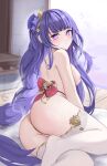  1girl absurdres ass blush breasts commentary_request genshin_impact hair_censor hair_ornament highres long_hair looking_at_viewer medium_breasts mikazeze purple_eyes purple_hair raiden_shogun solo thighhighs thighs topless very_long_hair white_thighhighs 