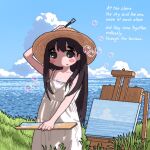  1girl arm_up art_brush blush_stickers brown_eyes brown_hair bubble camisole canvas_(object) chemise cloud cumulonimbus_cloud easel eli_(chibitoad) english_text grass hat highres holding holding_brush holding_paintbrush holding_palette horizon long_hair looking_at_viewer no_nose ocean oekaki open_mouth original outdoors paint paintbrush painting_(object) palette_(object) scenery sky soap_bubbles solo standing sun_hat tall_grass upper_body white_camisole white_chemise 