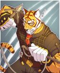  1boy animal_ears bara belt eyebrow_cut feet_out_of_frame fighting_stance fortnite furry furry_male harpoon highres hypnof0xx large_pectorals male_focus mature_male muscular muscular_male orange_fur oscar_(fortnite) pants pectorals short_hair solo thick_eyebrows tiger_boy tiger_ears white_fur 