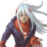  1boy breath_of_fire breath_of_fire_iv closed_mouth fou-lu gloves highres horns long_hair looking_at_viewer male_focus otno pointy_ears simple_background solo torn_clothes white_background white_hair 