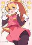  1girl :d absurdres black_bodysuit blonde_hair blue_eyes blush bodysuit buzzlyears ciel_(mega_man) dress gloves hair_between_eyes highres long_hair mega_man_(series) mega_man_zero_(series) open_mouth pink_dress ponytail smile solo star_(symbol) v white_gloves 