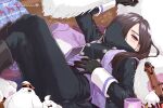  1girl black_gloves black_hair boots brown_hair chiba_sadoru commentary_request crossed_legs cup ear_piercing gloves hair_over_one_eye highres knee_boots lap_pillow long_hair long_sleeves looking_at_viewer lying mug ohsama_sentai_king-ohger on_back piercing purple_eyes rita_kanisuka solo stuffed_toy super_sentai weapon 