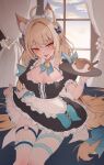  1girl absurdres animal_ears blonde_hair breasts cat_ears cat_tail fang hair_between_eyes hair_ornament highres holding holding_tray large_breasts long_hair original sitting skirt slit_pupils solo tail tongue tongue_out tray zerocat 