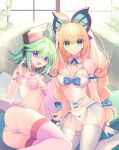  2girls antenna_hair azure_striker_gunvolt_2 blonde_hair bra braid breasts butterfly_hair_ornament choker detached_collar garter_straps green_eyes green_hair hair_ornament highres jewelry lingerie lololotton long_hair lumen_(gunvolt) medium_breasts multicolored_hair multiple_girls necklace panties pink_bra pink_hair pink_headwear pink_panties purple_eyes revealing_clothes robot_girl roro_(gunvolt) short_hair small_breasts twin_braids underwear white_bra white_panties window 