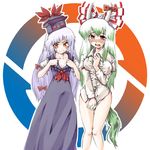  blush bow breasts cosplay costume_switch covered_nipples covering covering_crotch embarrassed ex-keine fujiwara_no_mokou fujiwara_no_mokou_(cosplay) gengorou green_hair hair_bow hat horn_ribbon horns kamishirasawa_keine kamishirasawa_keine_(cosplay) large_breasts long_hair medium_breasts multiple_girls naked_shirt orange_eyes red_eyes ribbon shirt shirt_tug silver_hair tears touhou 