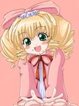  :d artist_request blonde_hair blush blush_stickers bow drill_hair green_eyes hair_bow hina_ichigo long_hair looking_at_viewer open_mouth pink_background pink_bow rozen_maiden simple_background smile solo 