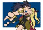  2girls armlet asymmetrical_legwear asymmetrical_sleeves bikini black_hair black_tiara blonde_hair blush cape cloak earrings ereshkigal_(fate) eye_contact fate/grand_order fate_(series) forced_kiss hand_on_another&#039;s_arm hand_on_another&#039;s_face headpiece highres hoop_earrings incest ishtar_(fate) jewelry kiss long_hair looking_at_another mismatched_bikini multiple_girls neck_ring parted_bangs red_cape red_eyes siblings single_thighhigh sisters skull struggling sweatdrop swimsuit thighhighs tiara twincest twins two-sided_cloak two-sided_fabric uneven_legwear uneven_sleeves veler_c9 yellow_cloak yuri 