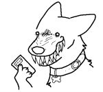 2023 aliasing ambiguous_gender black_and_white bust_portrait canid canine canis claws collar collar_tag digital_drawing_(artwork) digital_media_(artwork) domestic_dog dot_eyes evil_grin feral fur herding_dog holding_object humor maligaytor malinois_dog mammal monochrome pastoral_dog paws portrait reaction_image semi-anthro sharp_teeth sheepdog simple_background sketch smile snout solo teeth white_background woowoo_(maligaytor)