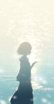  1girl absurdres evening hand_up highres ocean original outdoors short_hair silhouette skirt skyrick9413 solo water 