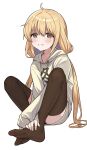  1girl blonde_hair brown_eyes brown_thighhighs commentary_request dddd_akagi feet full_body futaba_anzu grey_hoodie hands_on_feet highres hood hoodie idolmaster idolmaster_cinderella_girls knees_up legs long_hair long_hoodie looking_at_viewer low_twintails no_shoes simple_background sitting smile soles solo thighhighs toes twintails white_background 