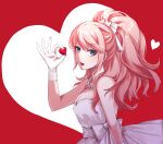  1girl absurdres alternate_costume bead_necklace beads bear_hair_ornament blonde_hair blue_eyes d: danganronpa:_trigger_happy_havoc danganronpa_(series) dress earrings enoshima_junko gloves hair_ornament hand_up heart highres holding holding_heart hy_(fjvlg) jewelry looking_at_viewer necklace ponytail red_background solo teeth upper_teeth_only wedding_dress white_background white_dress white_gloves 