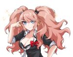  1girl bear_hair_ornament black_shirt blonde_hair blush bow breasts closed_mouth danganronpa:_trigger_happy_havoc danganronpa_(series) dress_shirt enoshima_junko finger_on_forehead green_eyes hair_ornament hand_up highres hy_(fjvlg) index_finger_raised large_breasts nail_polish necktie red_bow red_nails shirt simple_background smile solo sparkle twintails upper_body white_background white_necktie 