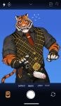  1boy animal_ears bara blush erection flying_sweatdrops foreskin fortnite furry furry_male gloves highres looking_at_viewer male_focus mature_male muscular muscular_male open_fly orange_fur oscar_(fortnite) pectorals precum short_hair shy solo thick_eyebrows tiger_boy tiger_ears uncensored viewfinder white_fur yeshh_(y3shh) 