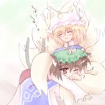  ai_takurou animal_ears blonde_hair brown_eyes brown_hair cat_ears cat_tail chen closed_eyes earrings fang fox_tail green_hat happy hat hug jewelry long_sleeves multiple_girls multiple_tails one_eye_closed pillow_hat short_hair surcoat tail tail_hug tassel touhou yakumo_ran 