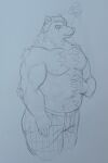 alnoodle annoyed anthro bear belly body_hair boxers_(clothing) chest_hair clothed clothing deep_navel epic_games fortnite fur furgonomic_headwear graphite_(artwork) hand_on_stomach happy_trail hi_res male mammal muscular muscular_male narrowed_eyes navel nipples overweight overweight_anthro overweight_male pecs pencil_(artwork) pilot_hat polar_bear polar_patroller portrait simple_background snout solo three-quarter_portrait three-quarter_view topless traditional_media_(artwork) underwear ursine white_background