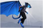  4_toes 5_fingers anthro aseethe blue_eyes blue_skin clothed clothing digital_media_(artwork) digitigrade dragon horn male membranous_wings solo spines toes wings 