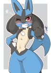 2021 acky05 ambiguous_gender anthro blue_body blue_fur blush blush_lines clenched_teeth digital_media_(artwork) fist fur generation_4_pokemon grey_body grey_fur grinning_at_viewer hi_res kemono looking_at_viewer lucario nintendo one_eye_closed pink_eyes pokemon pokemon_(species) portrait pose solo tail tan_body tan_fur teeth three-quarter_portrait translated_description wink