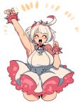  1girl ahoge armpits bare_shoulders blush blush_stickers bracelet breasts collar dress elphelt_valentine frilled_dress frills guilty_gear guilty_gear_strive hairband huge_ahoge jewelry large_breasts nanika_(nnkgh) no_jacket open_mouth pink_dress pink_hairband short_hair smile spiked_bracelet spiked_collar spiked_hairband spikes two-tone_dress white_dress white_hair 