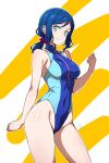  1girl absurdres batta_16-sei blue_hair blue_one-piece_swimsuit breasts competition_swimsuit green_eyes gundam gundam_build_fighters highleg highleg_swimsuit highres iori_rinko large_breasts long_hair looking_at_viewer mature_female one-piece_swimsuit ponytail solo swimsuit two-tone_swimsuit 