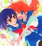  2girls :d ;d akiyama_enma antenna_hair blue_eyes blue_hair blue_sailor_collar blue_skirt blush blush_stickers brown_eyes commentary_request flip_flappers hair_between_eyes heads_together hug kokomine_cocona long_hair looking_at_another multiple_girls neckerchief one_eye_closed open_mouth outstretched_arms papika_(flip_flappers) pleated_skirt red_hair red_neckerchief sailor_collar school_uniform serafuku shirt short_hair short_sleeves skirt smile sparkle white_shirt 