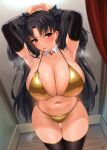  1girl absurdres armpits arms_up bare_shoulders bikini black_hair black_thighhighs breasts cleavage collarbone detached_collar detached_sleeves earrings fate/grand_order fate_(series) gold_bikini hair_ribbon highres hoop_earrings ishtar_(fate) jewelry kisaragi_tsurugi large_breasts long_hair looking_at_viewer navel open_mouth parted_bangs red_eyes ribbon solo swimsuit thighhighs thighs two_side_up 