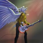 1:1 5_fingers amber_(gem) amber_(material) anthro blue_body blue_scales bone_frill bottomwear breasts chrinik clothing colored crop_top cropped_sweater electric_guitar eyes_closed fang_(gvh) feathered_wings feathers female fingers frill_(anatomy) goodbye_volcano_high grey_body grey_feathers guitar hair hi_res holding_guitar jacket jewelry midriff musical_instrument navel necklace pants pendant playing_guitar playing_music plucked_string_instrument ponytail pterodactylus pterosaur reptile scales scalie shirt short_tail silver_hair simple_background smile snout solo spread_wings string_instrument sweater tail topwear wings