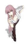  black_footwear black_pants blue_eyes breasts candy cleavage collarbone collared_shirt dress_pants food highres lollipop long_hair looking_at_viewer megurine_luka no_bra pants pink_hair shadow shirt sleeves_rolled_up vocaloid white_background white_shirt 