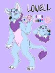 2018 anthro black_nose black_text blue_body blue_eyes blue_fur blue_tongue canid canine canis character_name cheek_tuft circle_eyebrows claws color_swatch countershade_fur countershading dewclaw digital_drawing_(artwork) digital_media_(artwork) digitigrade ears_back eyebrows eyes_closed facial_tuft flat_colors fluffy_chest fur grey_claws grey_horn handpaw head_tuft heart_(marking) hi_res hindpaw horn looking_at_viewer male maligaytor mammal markings model_sheet multicolored_eyes outline pawpads paws pink_body pink_countershading pink_eyes pink_fur pink_pawpads pivoted_ears pupils purple_background purple_eyebrows purple_markings simple_background small_horn snout solo standing tail tail_tuft text tongue tongue_out tuft two_tone_eyes white_outline white_pupils wolf