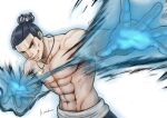  1boy abs artist_request attack_trail aura black_hair foreshortening glint grin highres jujutsu_kaisen large_pectorals looking_at_viewer looking_to_the_side male_focus muscular muscular_male navel no_nipples outstretched_arms pectorals scar scar_across_eye short_hair sideburns smile solo spread_arms topless_male toudou_aoi_(jujutsu_kaisen) 