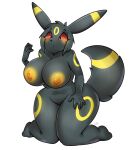 anthro areola big_breasts black_body black_eyes black_fur breasts canid canine eeveelution female fur generation_2_pokemon hair hi_res huge_breasts mammal markings nintendo nipples nude pokemon pokemon_(species) red_sclera simple_background solo tail thick_thighs umbreon villmix yellow_areola yellow_markings yellow_nipples