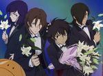  allelujah_haptism angry black_hair blue_eyes blue_hair bouquet bow bowtie brown_hair dark_skin dark_skinned_male flower formal frown gundam gundam_00 hair_over_one_eye haro lily_(flower) lockon_stratos morishita_hiromitsu multiple_boys official_art one_eye_closed red_eyes scan setsuna_f_seiei silver_eyes smile suit tieria_erde 