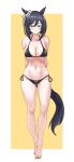  1girl absurdres alternate_costume animal_ears ass_visible_through_thighs bare_shoulders barefoot bikini black_bikini black_hair blue_eyes blush bob_cut border breasts cleavage commission cowboy_shot ear_scrunchie eishin_flash_(umamusume) full_body hair_between_eyes highres horse_ears horse_girl horse_tail large_breasts looking_at_viewer navel scrunchie short_hair side-tie_bikini_bottom simple_background skeb_commission smile solo swimsuit tail tsumu618 umamusume white_border white_scrunchie yellow_background 