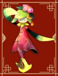  1girl arm_up border china_dress chinese_clothes clothed_pokemon colored_sclera colored_skin commentary_request crossed_legs crown dress flat_chest flower free_butterfree full_body green_hair green_skin hair_flower hair_ornament hisuian_lilligant long_dress looking_at_viewer mini_crown monster_girl multicolored_skin no_mouth pink_flower plant_girl pokemon pokemon_(creature) red_background red_dress red_sclera red_skin short_hair short_sleeves sidelocks solo standing tassel white_eyes white_skin yellow_border yellow_headwear 