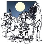  1boy 1girl absurdres ainu_clothes armor asirpa backpack bag blush boots bow_(weapon) cape closed_eyes commentary crosshatching full_moon fur_boots fur_cape golden_kamuy greyscale_with_colored_background gun gun_on_back hand_to_own_mouth hat hatching_(texture) headband highres holding holding_bow_(weapon) holding_weapon howling jacket japanese_armor japanese_clothes kepi kimono knee_boots kneeling knife kote long_hair long_sleeves military_hat moon mushroom_(osh320) musical_note narrowed_eyes outside_border pants retar rifle scarf scarf_pull sheath sheathed short_hair short_kimono standing striped striped_scarf sugimoto_saichi symbol-only_commentary weapon weapon_on_back whistling wolf 