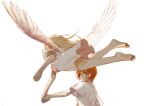  2girls angel angel_wings bare_legs barefoot blonde_hair clenched_hand closed_mouth commentary dress flying holding_hands long_hair looking_at_viewer multiple_girls orange_eyes orange_hair original short_hair short_sleeves signature simple_background smile soles syalgu symbol-only_commentary toes white_background white_dress wings 