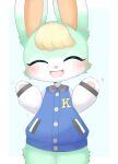 abstract_background animal_crossing anthro blonde_hair blush bottomless clothed clothing eyes_closed female fluffy fur gesture green_body hair handpaw hi_res jacket kuzuyu lagomorph leporid letterman_jacket looking_at_viewer mammal multicolored_body multicolored_fur nintendo open_mouth open_smile pawpads paws rabbit sasha_(animal_crossing) smile solo topwear two_tone_body two_tone_fur waving waving_at_viewer