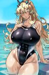 1girl abs absurdres barghest_(fate) biceps black_one-piece_swimsuit blonde_hair blush breasts covered_navel covered_nipples ebora fate/grand_order fate_(series) green_eyes highleg highleg_swimsuit highres horns huge_breasts long_hair looking_at_viewer muscular muscular_female one-piece_swimsuit open_mouth solo swimsuit thick_thighs thighs wading wet wide_hips 