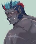  1boy absurdres another_eidos-r aqua_hair bara blue_hair blush colored_skin demon_boy facial_hair flying_sweatdrops from_side grey_skin habaki_(another_eidos) highres juggermelon long_sideburns looking_at_viewer male_focus multicolored_hair muscular muscular_male nude pointy_ears red_eyes red_hair scar_on_shoulder sideburns solo sweatdrop tusks upper_body 