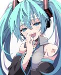  1girl :d armpit_crease bare_shoulders black_sleeves blue_eyes blue_hair blue_nails blush collared_shirt commentary_request detached_sleeves dot_nose frilled_shirt frills grey_shirt hair_between_eyes hair_ornament hand_to_own_mouth hatsune_miku head_tilt headset highres long_hair long_sleeves looking_at_viewer microphone multicolored_hair naguno-0713 nail_polish number_tattoo open_mouth pink_hair shirt sidelocks simple_background sleeveless sleeveless_shirt smile solo streaked_hair tattoo teeth twintails two-tone_hair upper_body upper_teeth_only very_long_hair vocaloid white_background wing_collar 