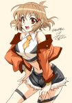  1girl bare_shoulders breasts brown_eyes brown_hair hair_ornament hairclip highres kanna_(plum) looking_at_viewer medium_breasts navel open_mouth senki_zesshou_symphogear short_hair solo tachibana_hibiki_(symphogear) 