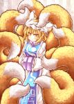  1girl :3 animal_ears animal_hat blonde_hair blue_tabard commentary_request fox_ears fox_tail hands_in_opposite_sleeves hat kitsune kyuubi long_sleeves mob_cap multiple_tails mumumu short_hair solo tabard tail touhou twitter_username yakumo_ran yellow_eyes 